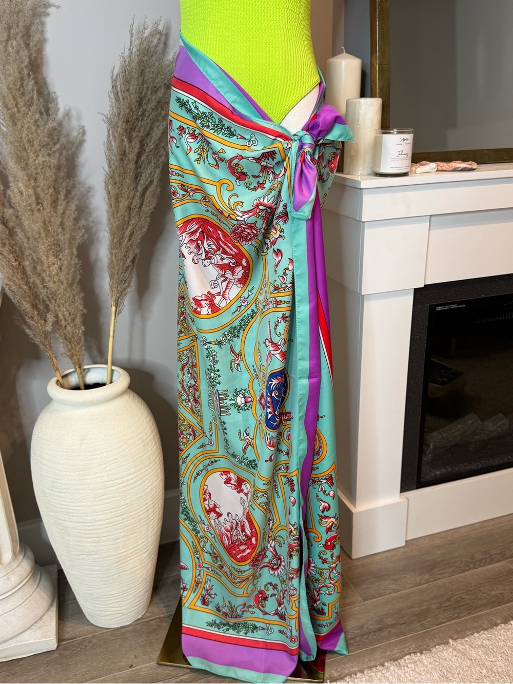 Aqua & Pink Ornate Printed Silk Wrap sarong
